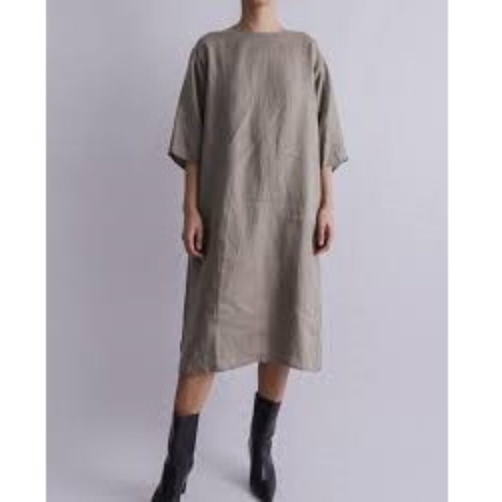 Muji 100% linen 3/4 sleeve midi dress - gray - XS/S